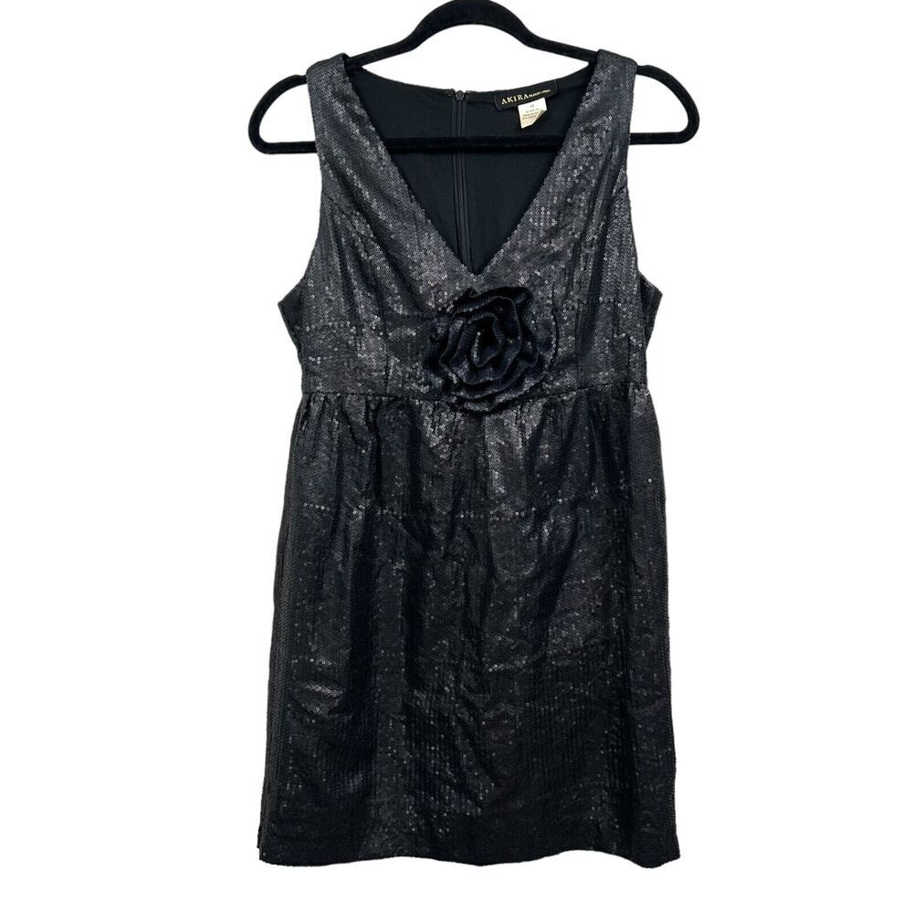Akira Chicago Black Label Women Sequin Sheath Dress Flower Detail Lined Black M*